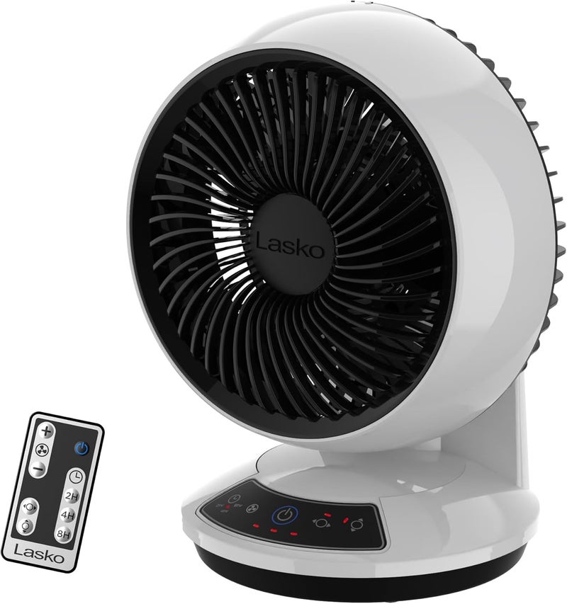 Lasko Whirlwind Orbital Motion Air Circulator Table Fan, 3 Speeds, Timer, Dark Mode, Remote Control for Small and Medium Sized Rooms, White, A12557 - Image 1